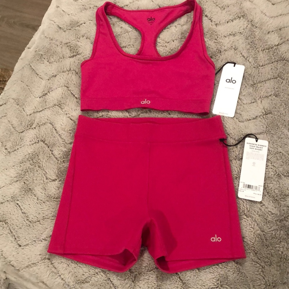 NWT ALO Seamless Ribbed Bra & matching Goddess Ribbed High-Waist Hot Short.
